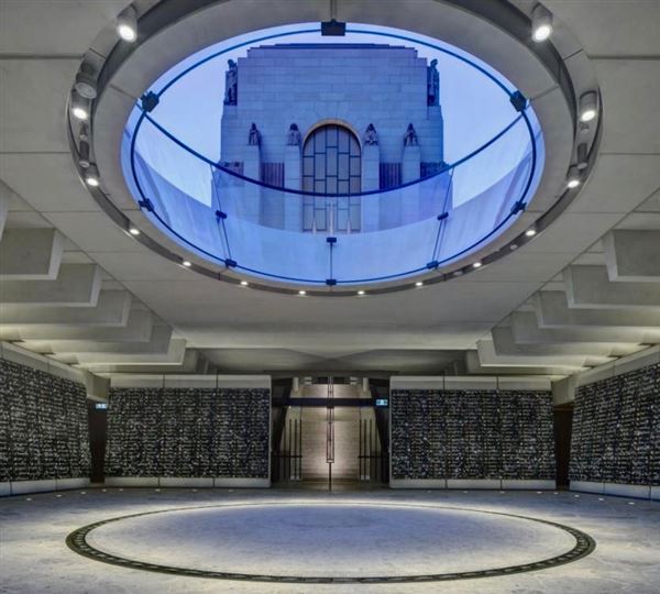 ANZAC Memorial - Within the Hall of Service looking out through the Occulus to the original Memorial. (12/06/2019 - Credits: Peter Bennetts, courtesy of Anzac Memorial)